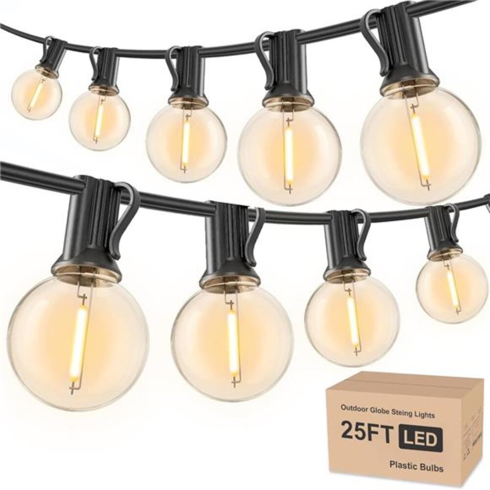 Outdoor String Lights 25ft, G40 Led Patio Globe Lights with 13pcs Plastic Bulbs